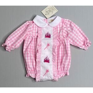 NWT Little Bear Smocks Girls 6 Mo Pink Gingham Castle Embroidered Bubble Romper